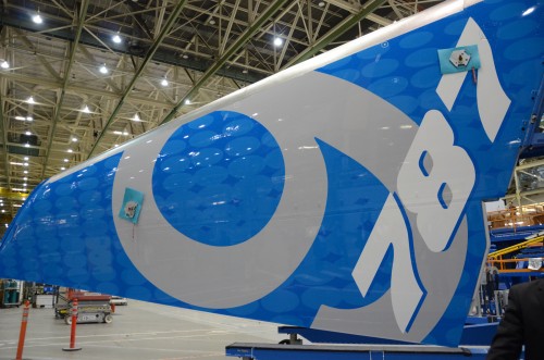 The first Boeing 787-9 Dreamliner's tail seen in the factory in May 2013. Photo by Jon Ostrower.