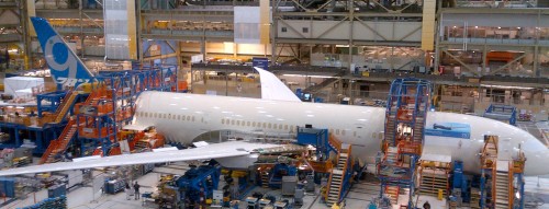 The first Boeing 787-9 Dreamliner (ZB001) in the factory starting final assembly in May, 2013. Image by Boeing.