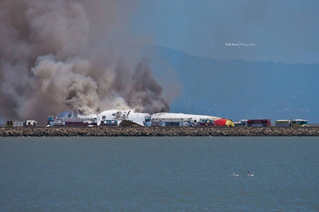 Asiana Airlines Flight 214 burns at SFO. Photo by Nick Rose.