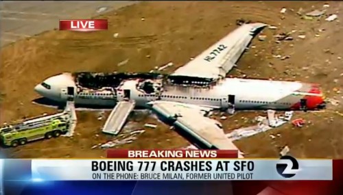Air shot of the Asiana Airlines Flight 214 crash at SFO via KTVU.