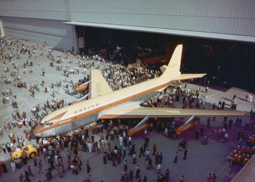 The predecessor to the Boeing 707, the famous 367-80, rolled out at Renton on May 15, 1954. It was the only one built; and is narrower then a 707. This is the very aircraft that famed Boeing test pilot Alvin ”Tex" Johnston barrel rolled in front of a demo to Boeing customers over Lake Washington in 1955. On May 26, 1972 Boeing donated the Dash 80 to the Smithsonian Air and Space Museum, which had designated it one of the 12 most significant aircraft of all time. For the next 18 years the aircraft was stored at a ”desert boneyard" in Arizona before being retrieved by Boeing in 1990 for restoration, though it was used for some flight testing sporadically during that time. The Dash 80"²s final flight was to Dulles International Airport near Washington, D.C. on August 27, 2003. it is now on display in the Steven F. Udvar-Hazy Center at Washington Dulles International Airport in Virginia. Image courtesy: Boeing