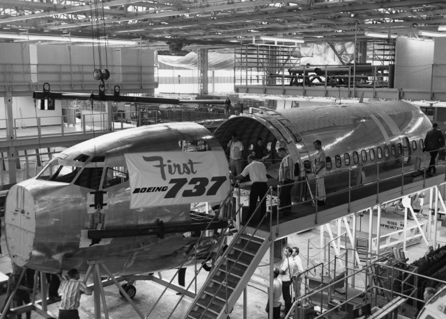The first Boeing 737 under construction at Boeing Field in 1966. Image Courtesy: Boeing