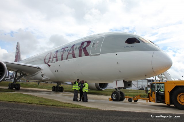 Qatar Airways first Boeing 787 Dreamliner on the tarmac at the Farnborough Airshow. 