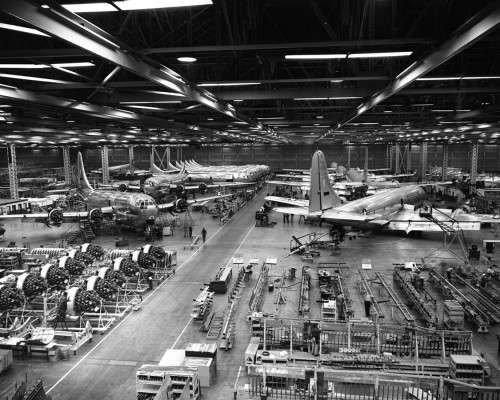Boeing KC-97s under production in the late 1940s at Renton. The 377 Stratocruiser airliners were built at Boeing"s Plant 2 near Boeing Field. Image Courtesy: Boeing