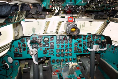 Flight deck of Air Koryo's IL-76 at Sondok Air Force Base.