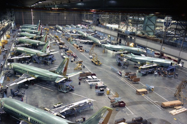 The Boeing 737 Assembly line number 1 at Renton in the 1980s as the 2nd generation 737-300/400/500 series was taking over for the first generation 737-200 Classic. Image Courtesy: Boeing