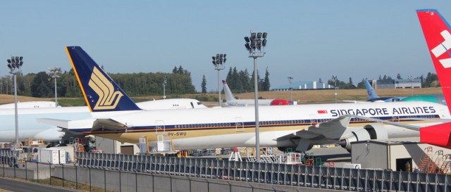 A brand new Singapore Airlines Boeing 777-300ER sits at Paine Field on July 27th. 