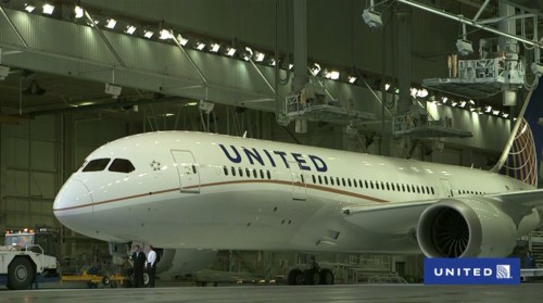 United's first Boeing 787 Dreamliner. Screen shot from United's live stream.