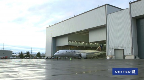 United's first Boeing 787 Dreamliner. Screen shot from United's live stream.