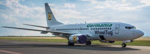 WheelTug testing at Prague Airport using a Germania 737-700 in July, 2012 Courtesy: WheelTug
