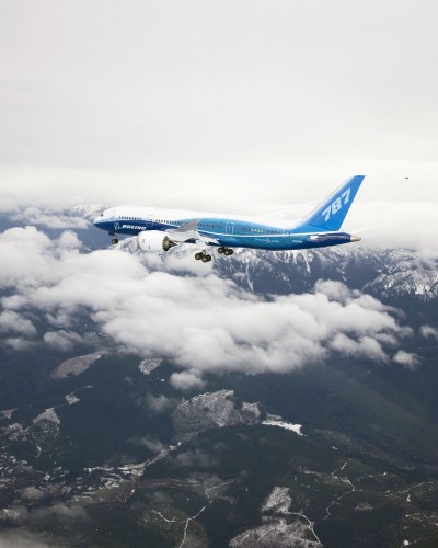 And where it all became. The Dreamliner livery seen on ZA001 on her maiden flight. Image by The Boeing Company.