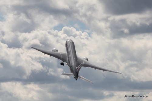 Qatar's first Boeing 787 Dreamliner takes off.