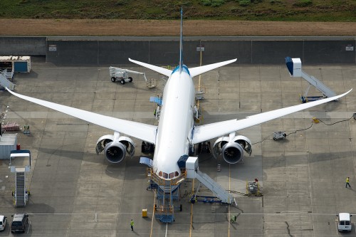 The first Boeing 787-9 Dreamliner on the flight line at Paine Field (KPAE). Photo by Bernie Leighton.