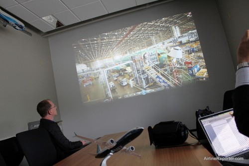 We were shown a Boeing 737 promotional video. The arm/hand on the right is Chris Sloan with Airchive.com -- we did the tour together.