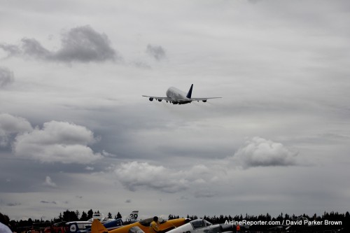 A Boeing 747 Dreamlifter takes off from Paine Field. Image: David Parker Brown.