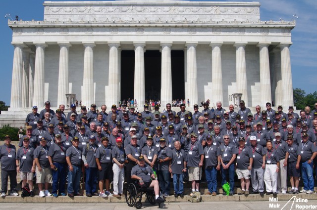 The Honor Flight Veterans all gathered in front of the Lincoln Memorial - Photo: Mal Muir | AirlineReporter.com