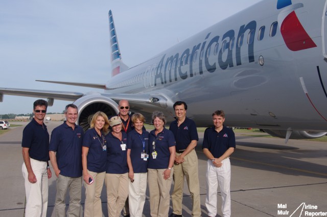 The crew of our American Airlines Honor Flight in front of the Aircraft at OshKosh - Photo: Mal Muir | AirlineReporter.com