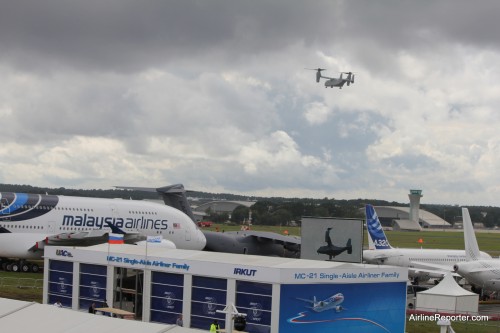 A Osprey V-22 overs over the airport.