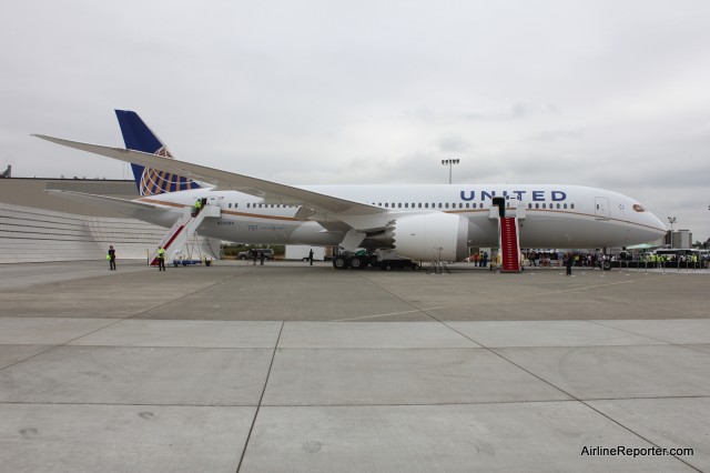 United's first Boeing 787 Dreamliner at Paine Field. 