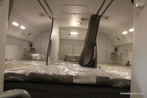 The crew rest area in the upper rear of the 787.