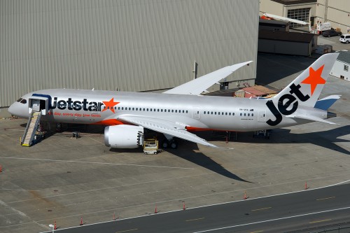 Jetstar's first Boeing 787 Dreamliner sits at Paine Field earlier today. Photo by Bernie Leighton.