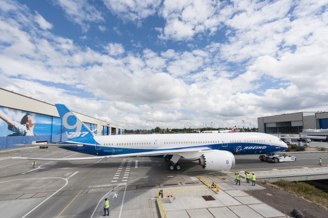 The first Boeing 787-9 moves to the flight-line at Paine Field. Image: Boeing. 