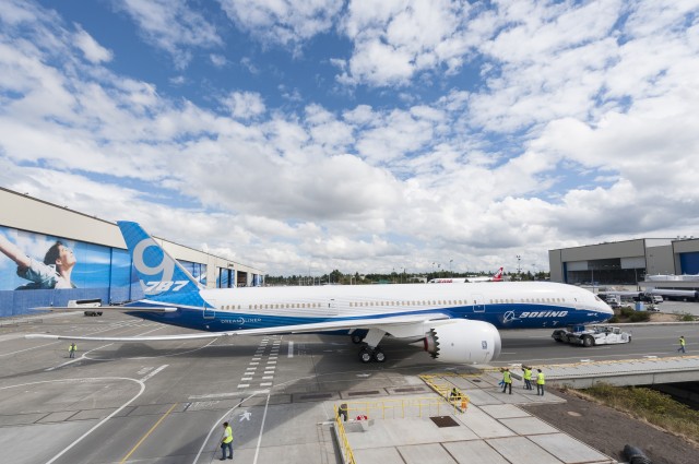 The first Boeing 787-9 moves to the flight-line at Paine Field. Image: Boeing.