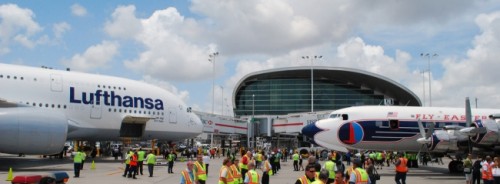 One of the times where Chris and my world's collided: Lufthansa's inaugural A380 flight to MIA. Photo by Chris Sloan.