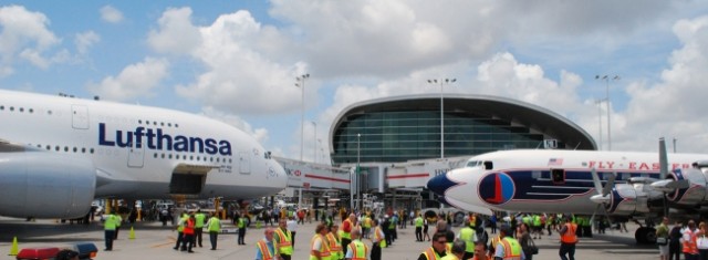 One of the times where Chris and my world's collided: Lufthansa's inaugural A380 flight to MIA. Photo by Chris Sloan. 