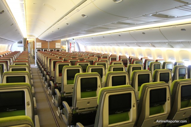 The colorful economy cabin on the TAM 777.