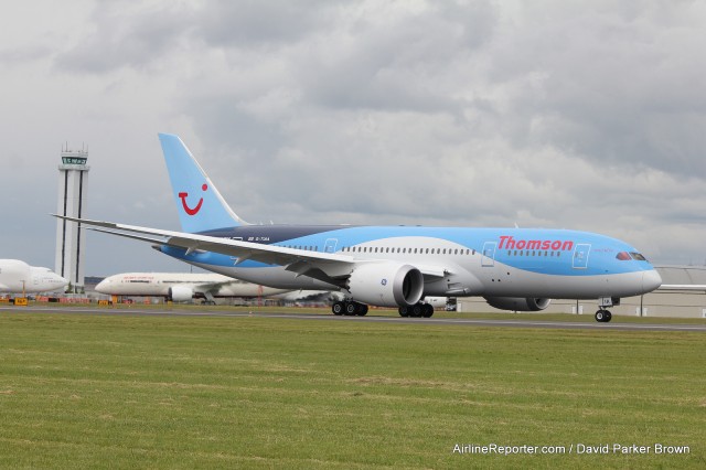 A Thomson Boeing 787 entertains the crowd. 