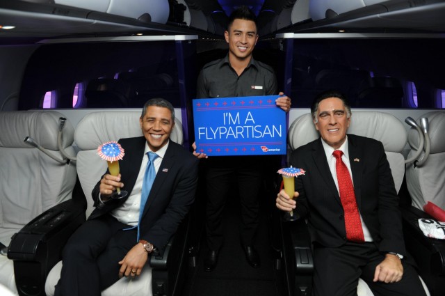 Whoa, Virgin American got President Obama and Romney (impersonators) to join in on the flight. 