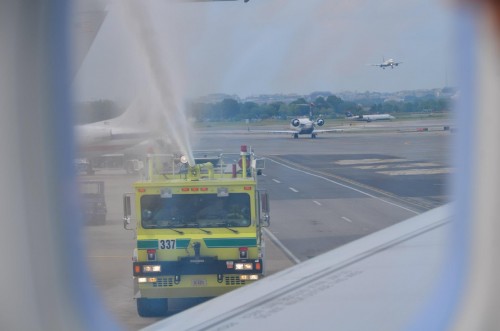 A nice water cannon salute after arriving in DC. Photo from Virgin America.