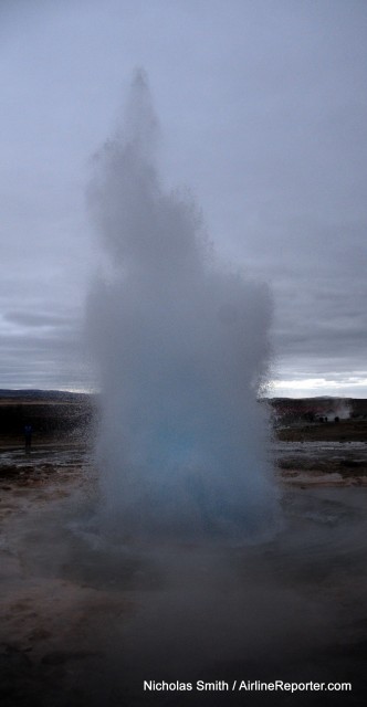 Stokkur mid-eruption, a fraction of a second before I became mysteriously soaked with warm water’¦  Beware of this ’œcamera-destruction zone.’