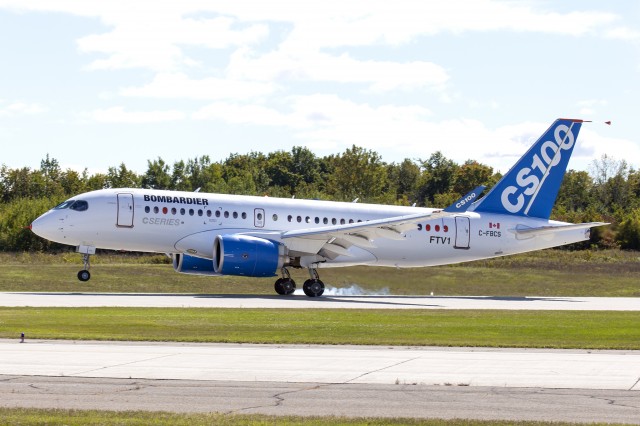 Bombardier CSeries FTV1 touches down on Rwy 06 at YMX after a successful first flight. Photo: Bombardier Aero
