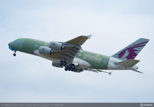 Qatar Airways" first A380 took off from Toulouse on its maiden flight to Hamburg where the aircraft will be fitted with its cabin before being painted. Image: Airbus.