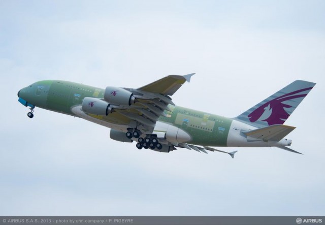 Qatar Airways’ first A380 took off from Toulouse on its maiden flight to Hamburg where the aircraft will be fitted with its cabin before being painted. Image: Airbus. 