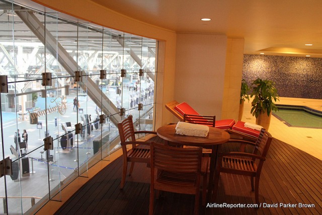 Watch out for those belly-flops, the workout/pool area looks onto the airport terminal. 