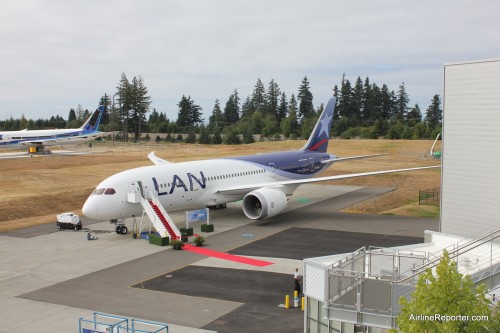 LAN's first Boeing 787 sits next to the Future of Flight in Everett, WA.