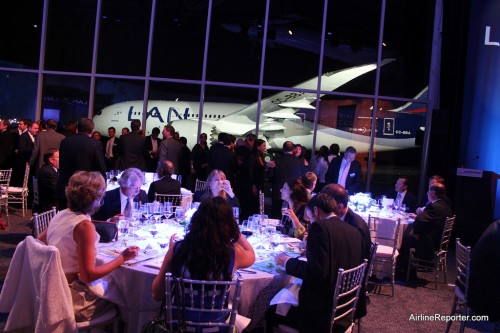 LAN's 787 sits outside, while Boeing, LAN and media have dinner in the Future of Flight.