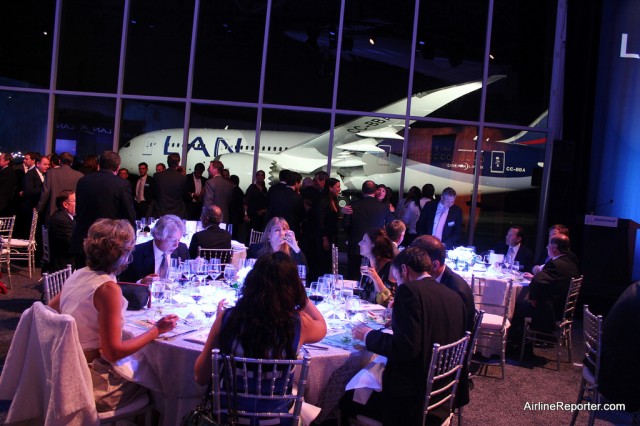 LAN's 787 sits outside, while Boeing, LAN and media have dinner in the Future of Flight. 