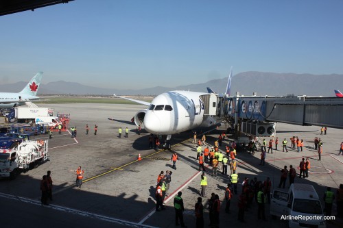 LAN's 787 at the gate after we landed. People from around the airport came to check her out.