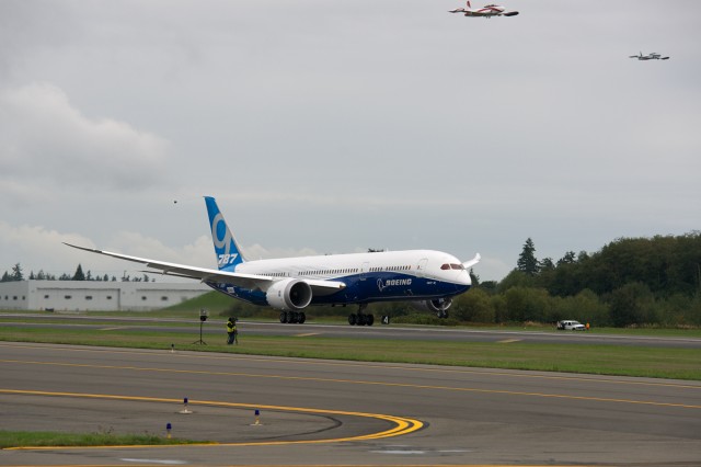 The Boeing 787-9 rotates off runway 34R at Paine Field in Everett with Two Chase planes  off to the side - Photo: Bernie Leighton | AirlineReporter.com
