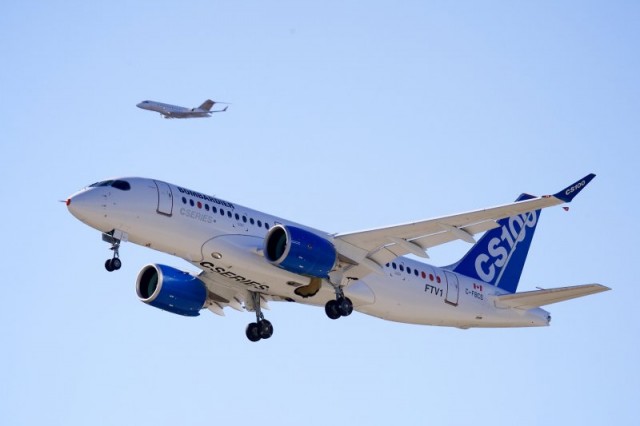 Bombardier CSeries FTV1 with it's Global 5000 chase plane, on takeoff from YMX. Photo: Bombardier