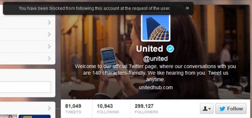 If @AirlineReporter tries to follow @United on Twitter, we are told our kind is not welcome.