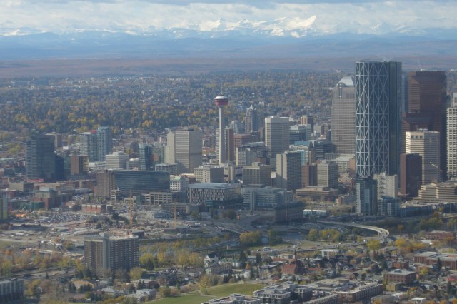Downtown Calgary with the Rocky Mountains in the distance, on a bumpy final approach to YYC.