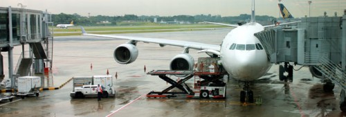 Boarding the Airbus A340-500 in Singapore.