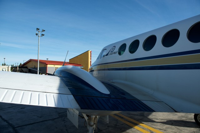Boarding the Beech King air for a flight to Earlton