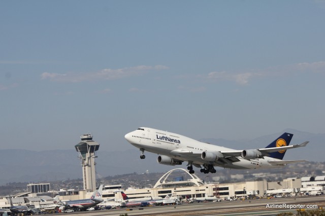 A Lufthansa Boeing 747-400 takes from from LAX. 