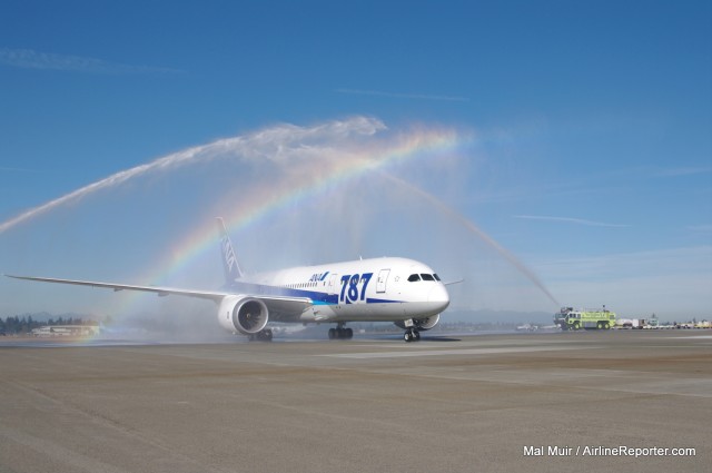 ANA's Boeing 787 arrives at SEA to a water cannon salute. Photo by Mal Muir / AirlineReporter.com.